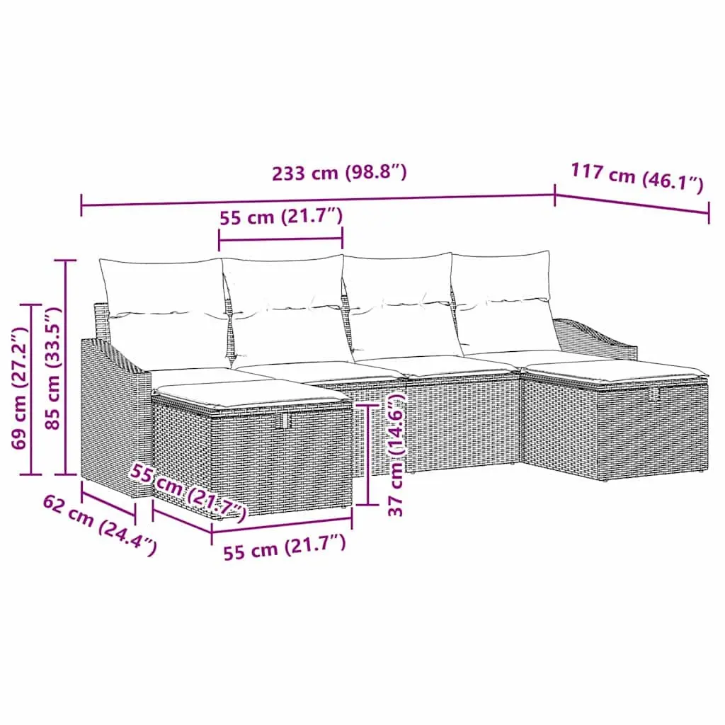 Modular Garden Sofa Set Beige 6 Pieces Poly Rattan Outdoor Furniture with Integrated Storage Compartments and Cushions
