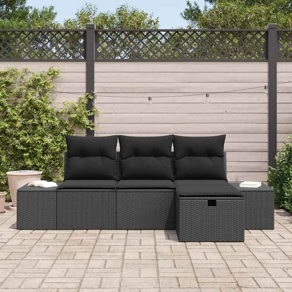 Modular Garden Sofa Set Black 4 Piece Poly Rattan Weather Resistant Outdoor Furniture
