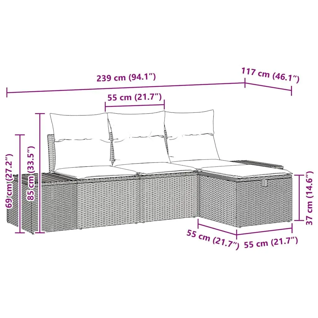 Modular Garden Sofa Set Black 4 Piece Poly Rattan Weather Resistant Outdoor Furniture
