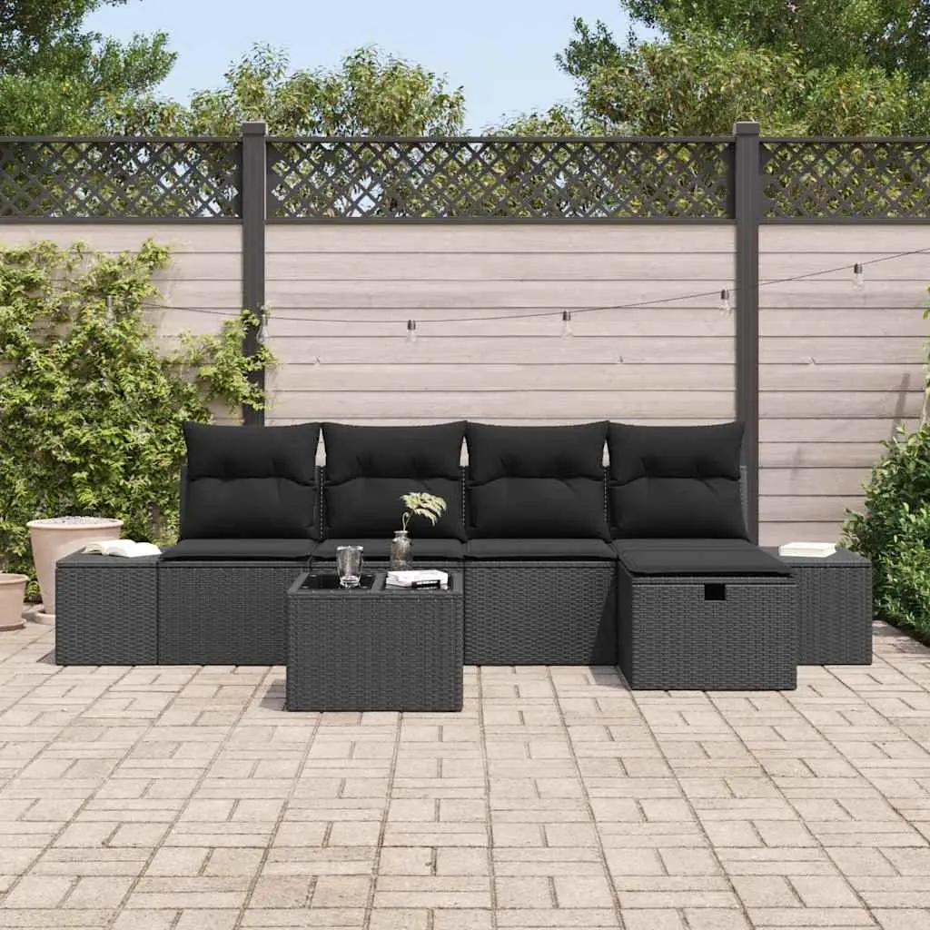 Garden Sofa Set Black 6 Piece Modular Outdoor Furniture Poly Rattan Weather Resistant Cushions