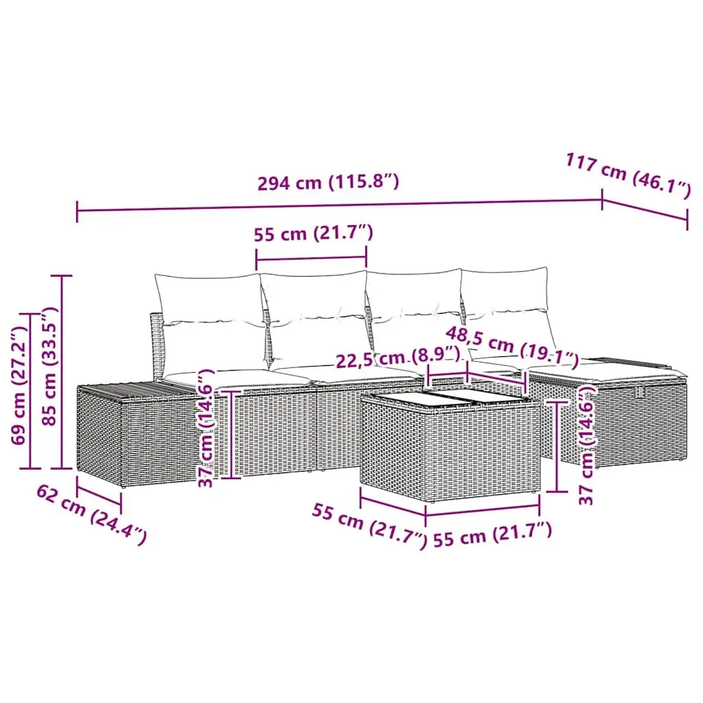 Garden Sofa Set Black 6 Piece Modular Outdoor Furniture Poly Rattan Weather Resistant Cushions