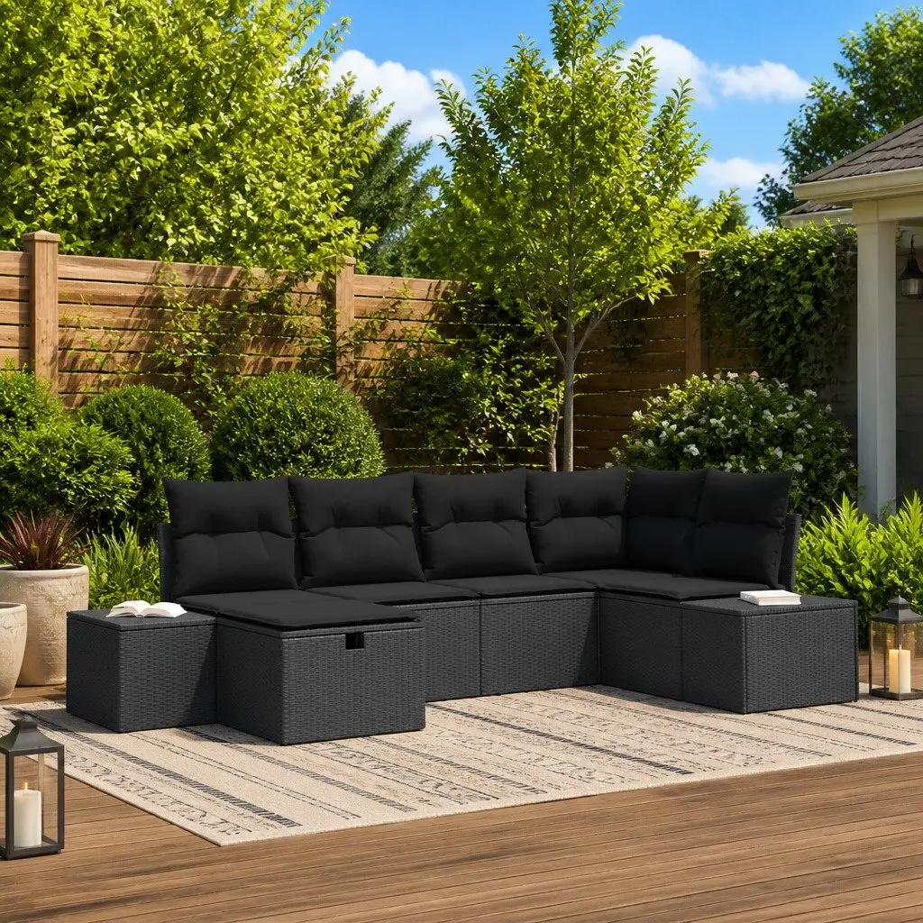 Garden Sofa Set Black 6 Piece Modular Poly Rattan Outdoor Furniture