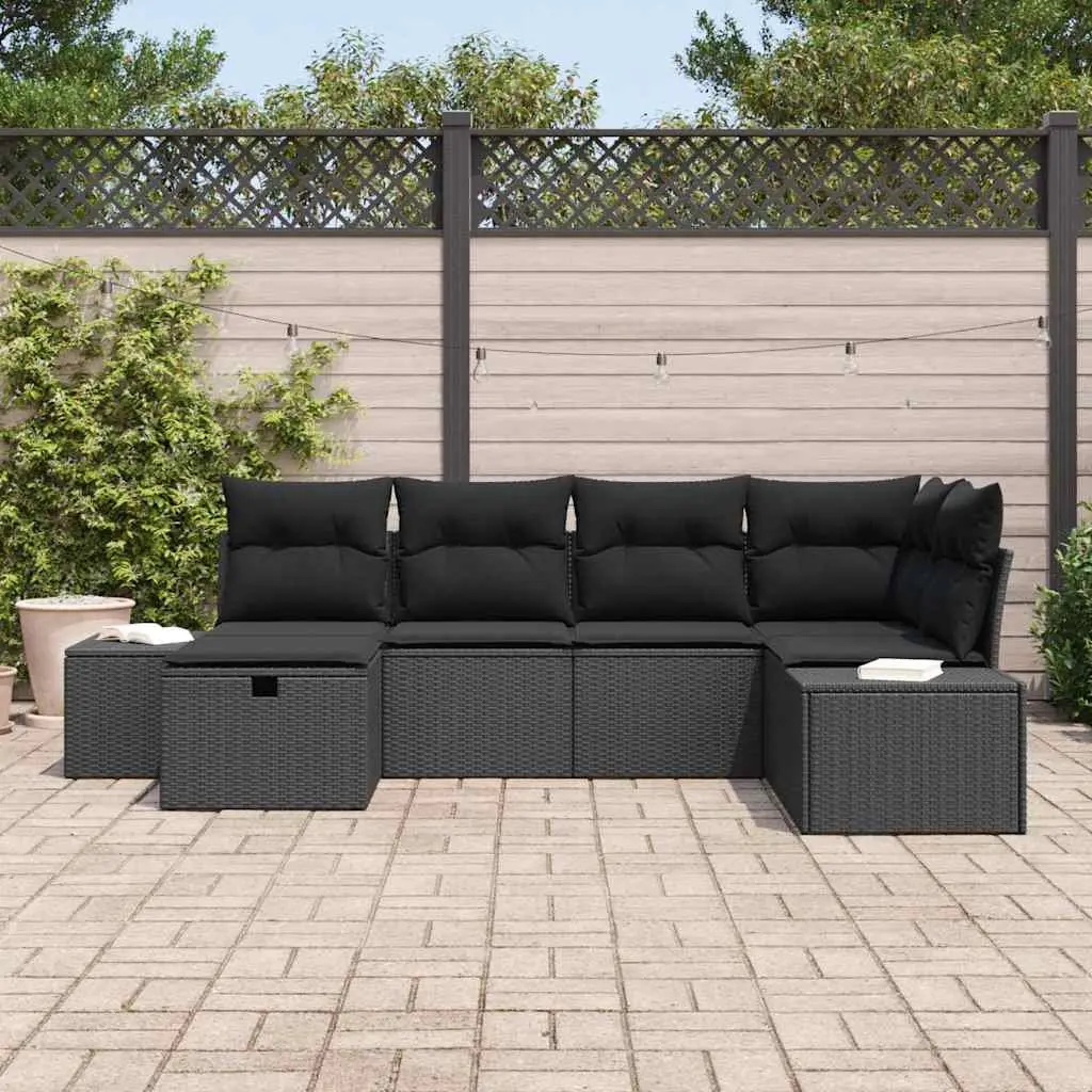 Garden Sofa Set Black 6 Piece Modular Poly Rattan Outdoor Furniture