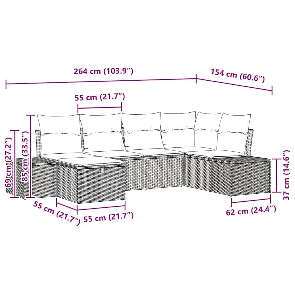 Garden Sofa Set Black 6 Piece Modular Poly Rattan Outdoor Furniture