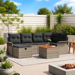 Garden Sofa Set 7 Pieces Grey Poly Rattan Outdoor Furniture Modular Seating