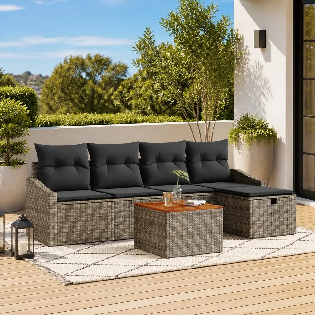 Garden Sofa Set Grey 6 Piece Poly Rattan Outdoor Furniture with Cushions and Hidden Storage