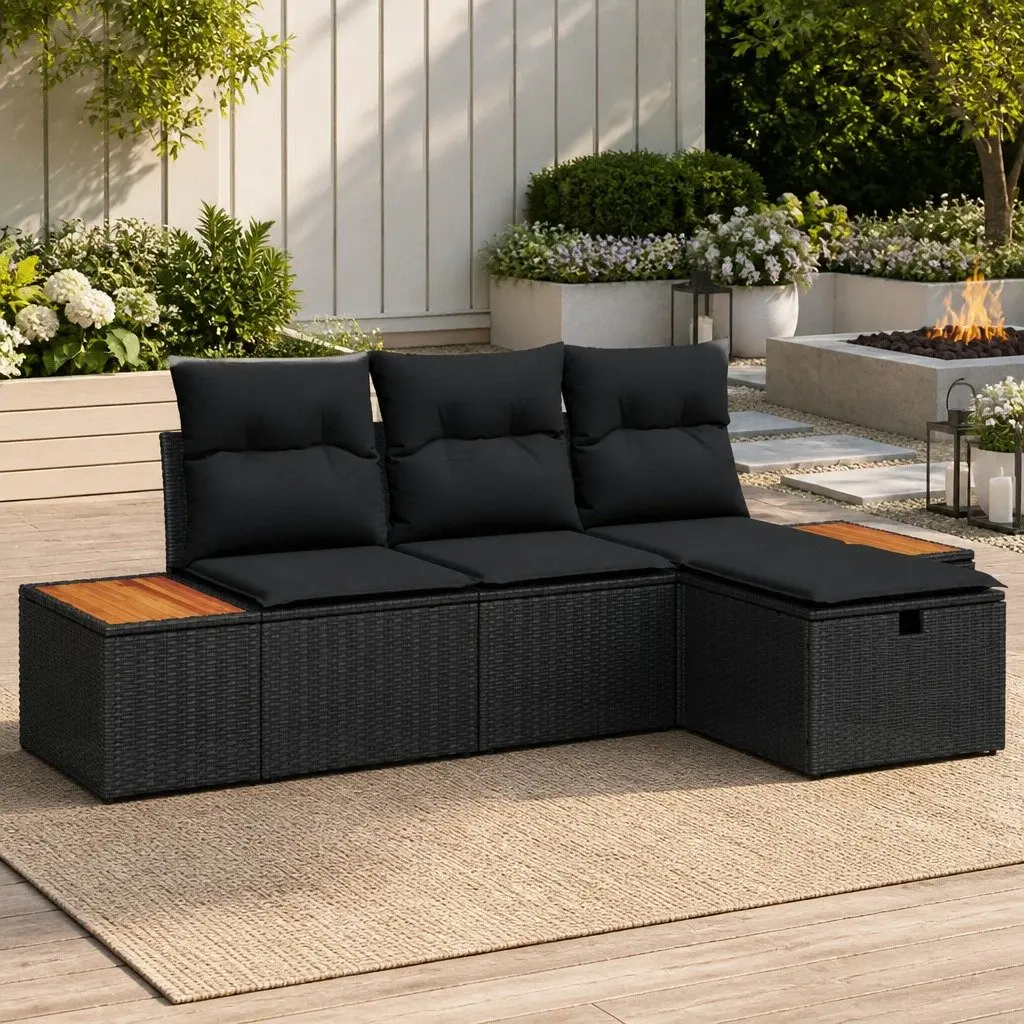 4 Piece Garden Sofa Set Black Poly Rattan Outdoor Furniture with Cushions and Adjustable Glass Table