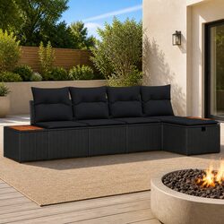 Modular Garden Sofa Set 5 Pieces Black Poly Rattan Outdoor Furniture Patio