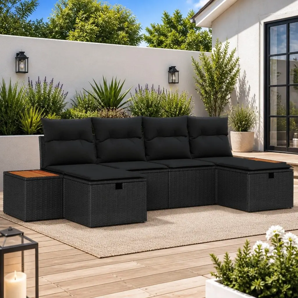 Outdoor Garden Sofa Set Black 6 Piece Poly Rattan Patio Furniture with Storage