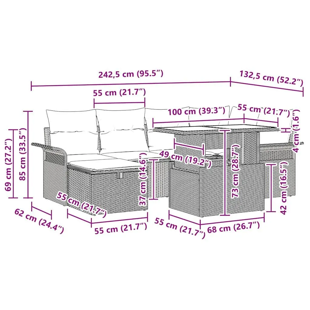 Garden Sofa Set Grey 7 Piece Outdoor Patio Furniture Poly Rattan with Cushions