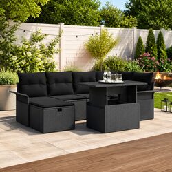 Compact 7-Piece Black Poly Rattan Sofa Set
