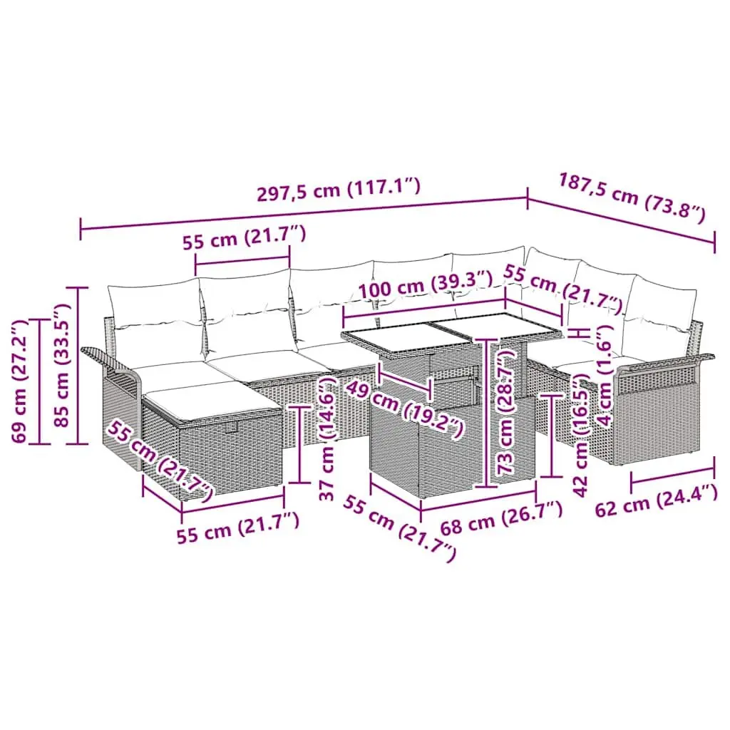 Modular Garden Sofa Set Black 9 Pieces Poly Rattan Outdoor Furniture