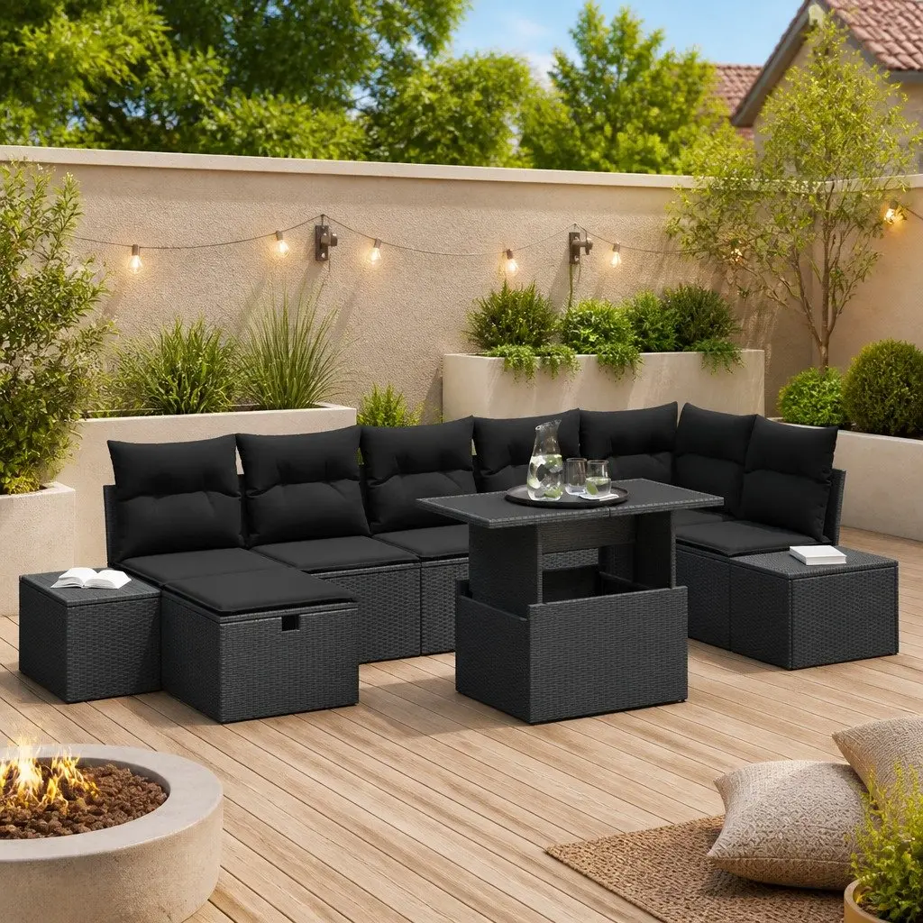 Modular Garden Sofa Set Beige 8 Piece Powder-Coated Steel Frame Poly Rattan Weatherproof Construction