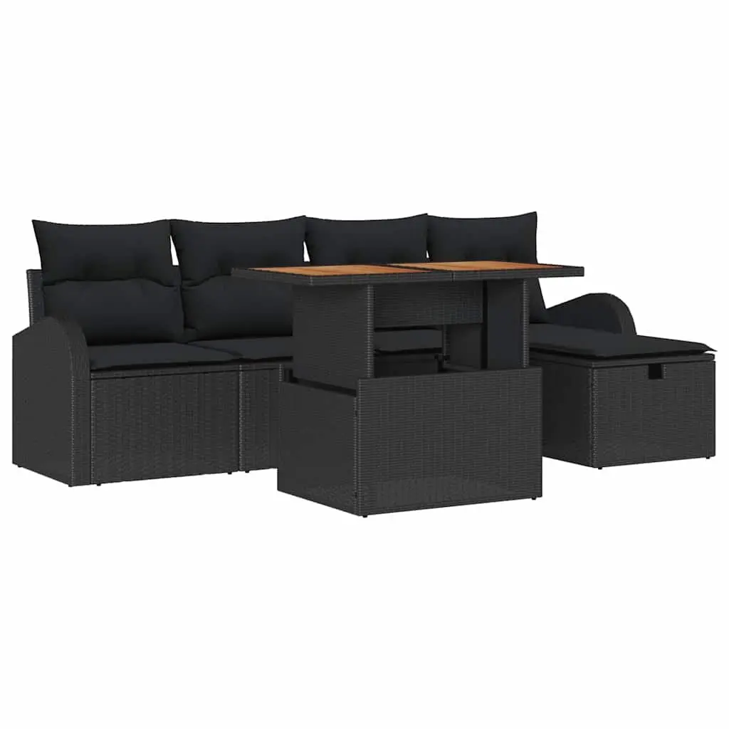 Garden Sofa Set Black 6 Piece Modular Outdoor Furniture Poly Rattan Acacia Wood Weather Resistant
