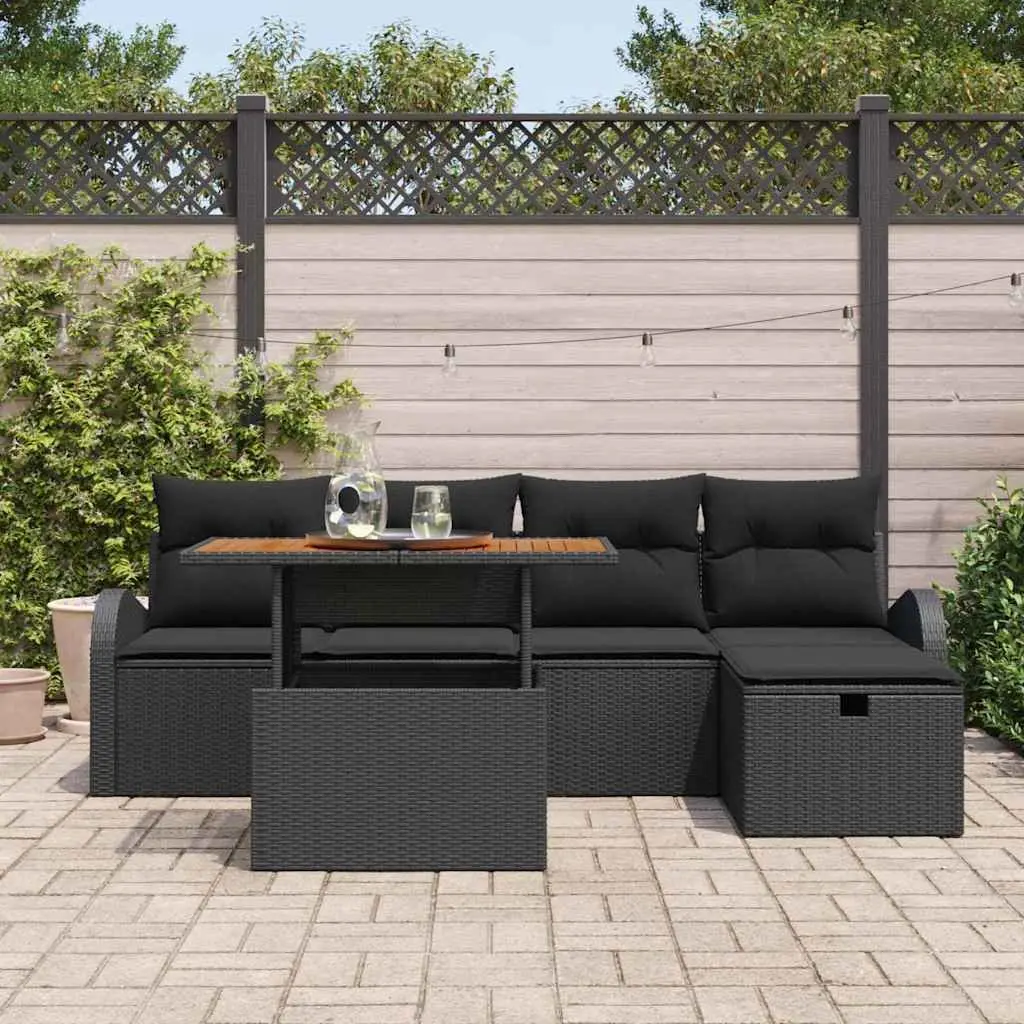 Garden Sofa Set Black 6 Piece Modular Outdoor Furniture Poly Rattan Acacia Wood Weather Resistant