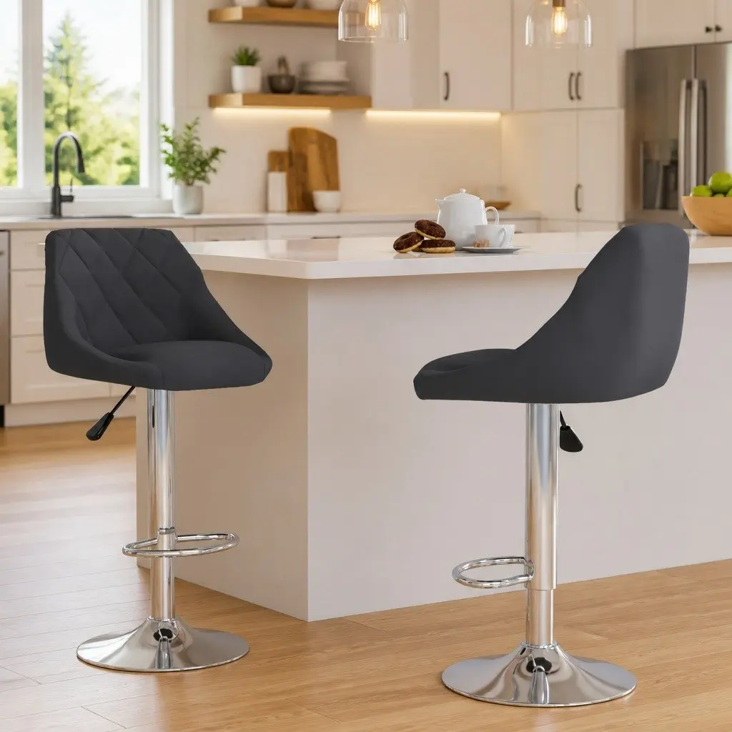 Bar Stools Grey Velvet Adjustable Height 2 Piece Swivel