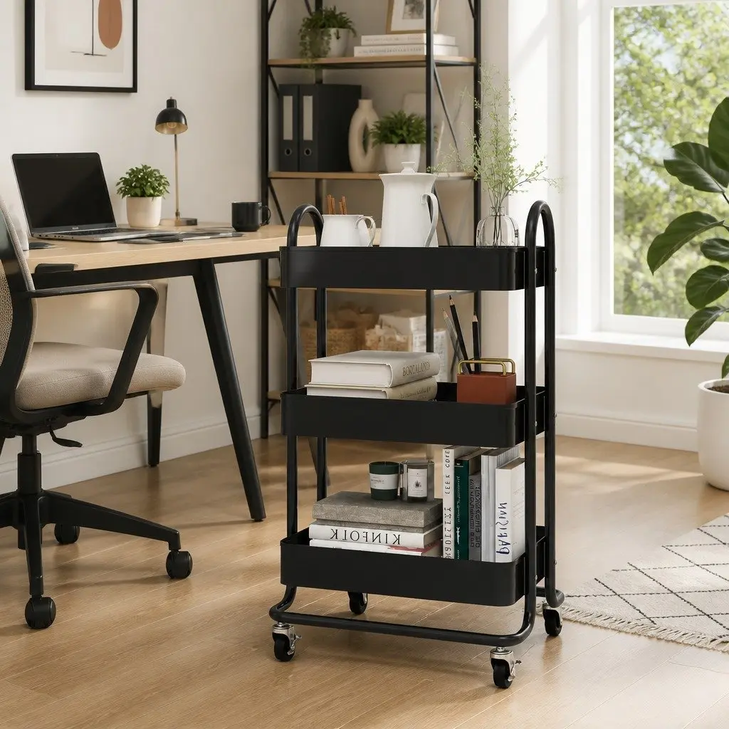 3-Tier Trolley Black Steel Mobile Cart Organiser Wheels
