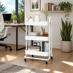 3-Tier Storage Trolley White Steel Kitchen Office Organiser Mobile Cart Wheels