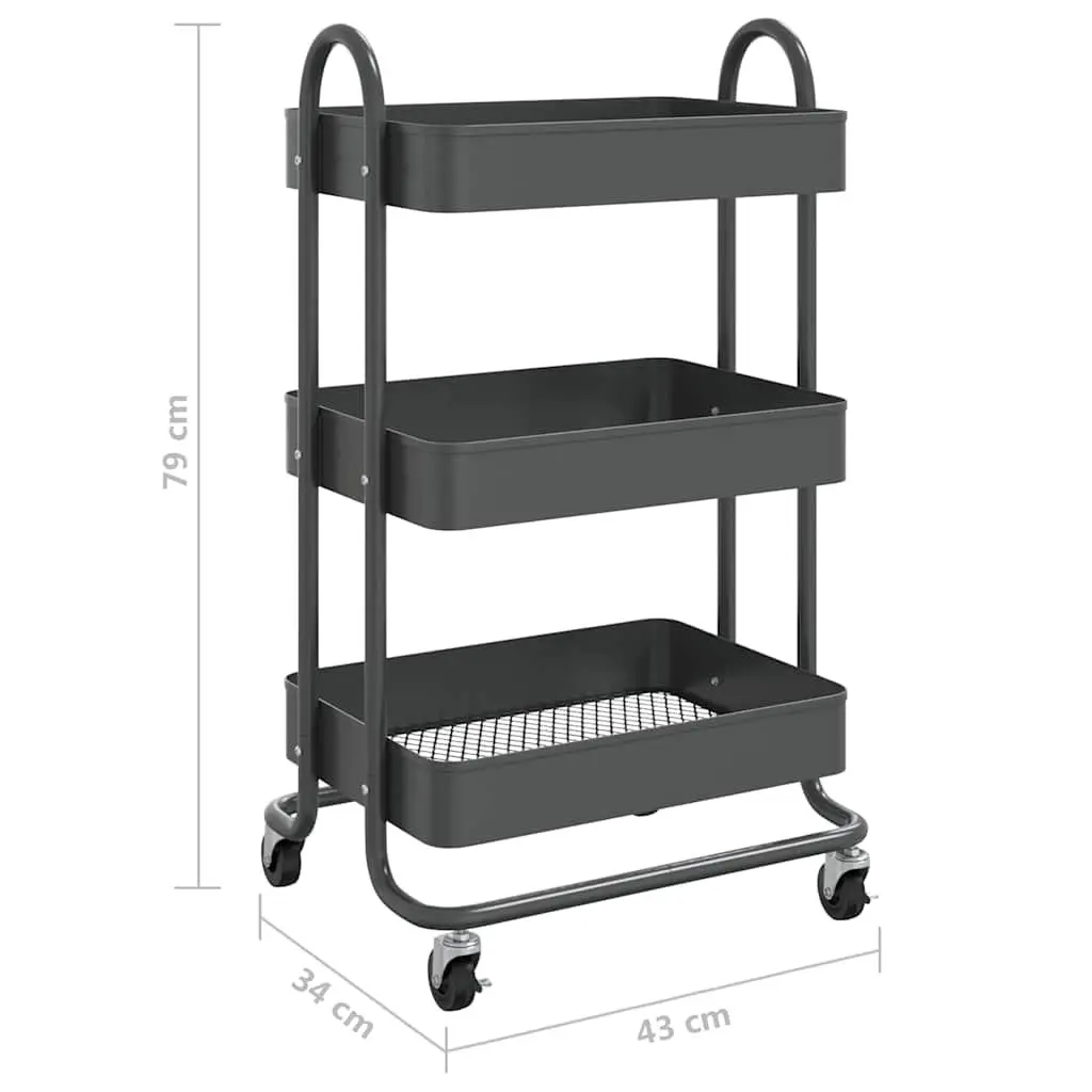 3-Tier Storage Trolley Anthracite Steel Kitchen Office Organiser Mobile Cart