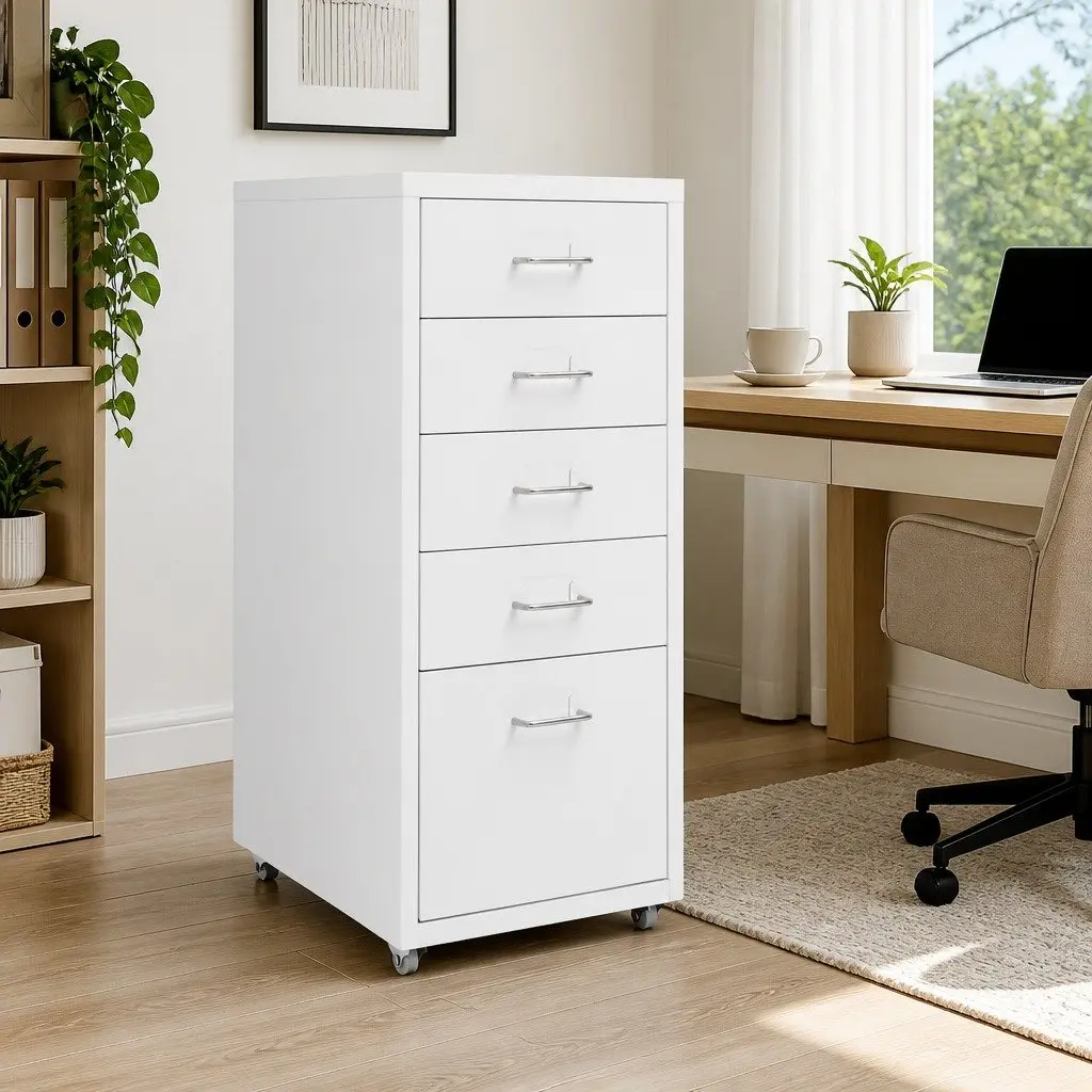 5 Drawer Mobile Filing Cabinet Metal White Office Storage Organizer with Wheels