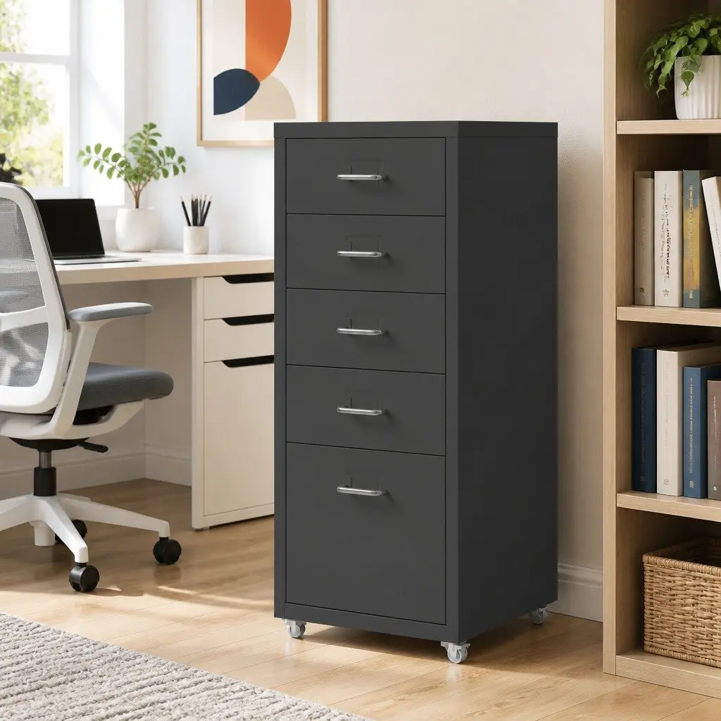 5 Drawer Mobile Metal Filing Cabinet Anthracite Colour Office Storage on Wheels