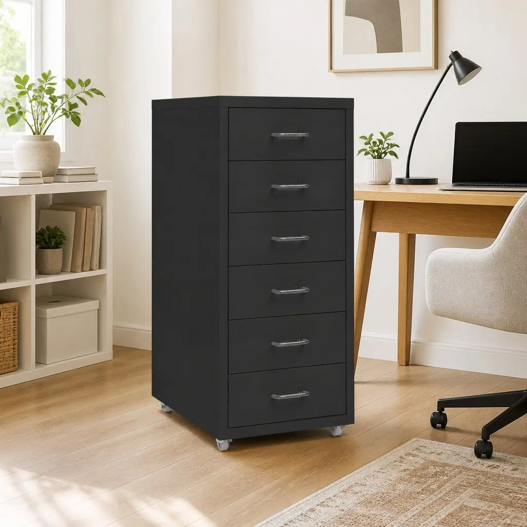 Metal Mobile Filing Cabinet Black 6 Drawer Compact Office Organizer with Wheels