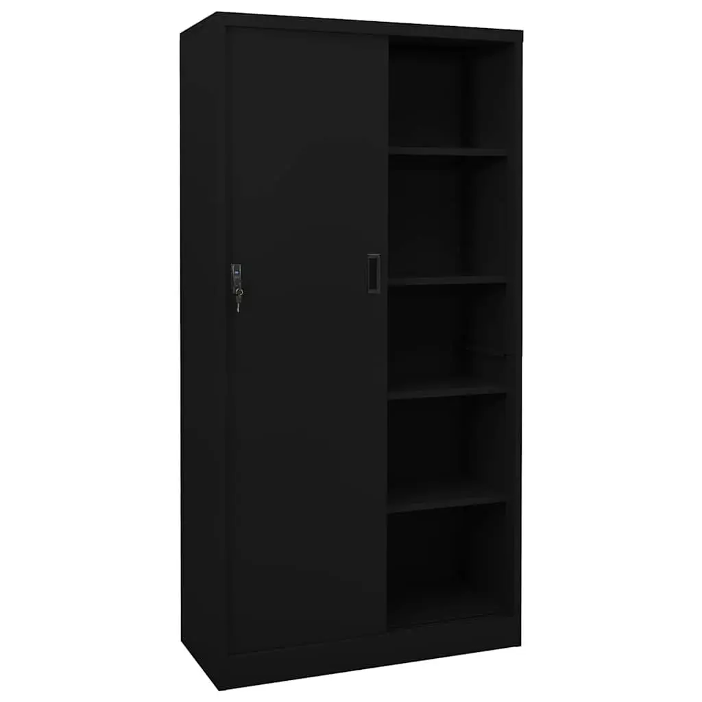 Black Steel Office Cabinet Sliding Door with Adjustable Shelves for File Storage 90x40x180cm