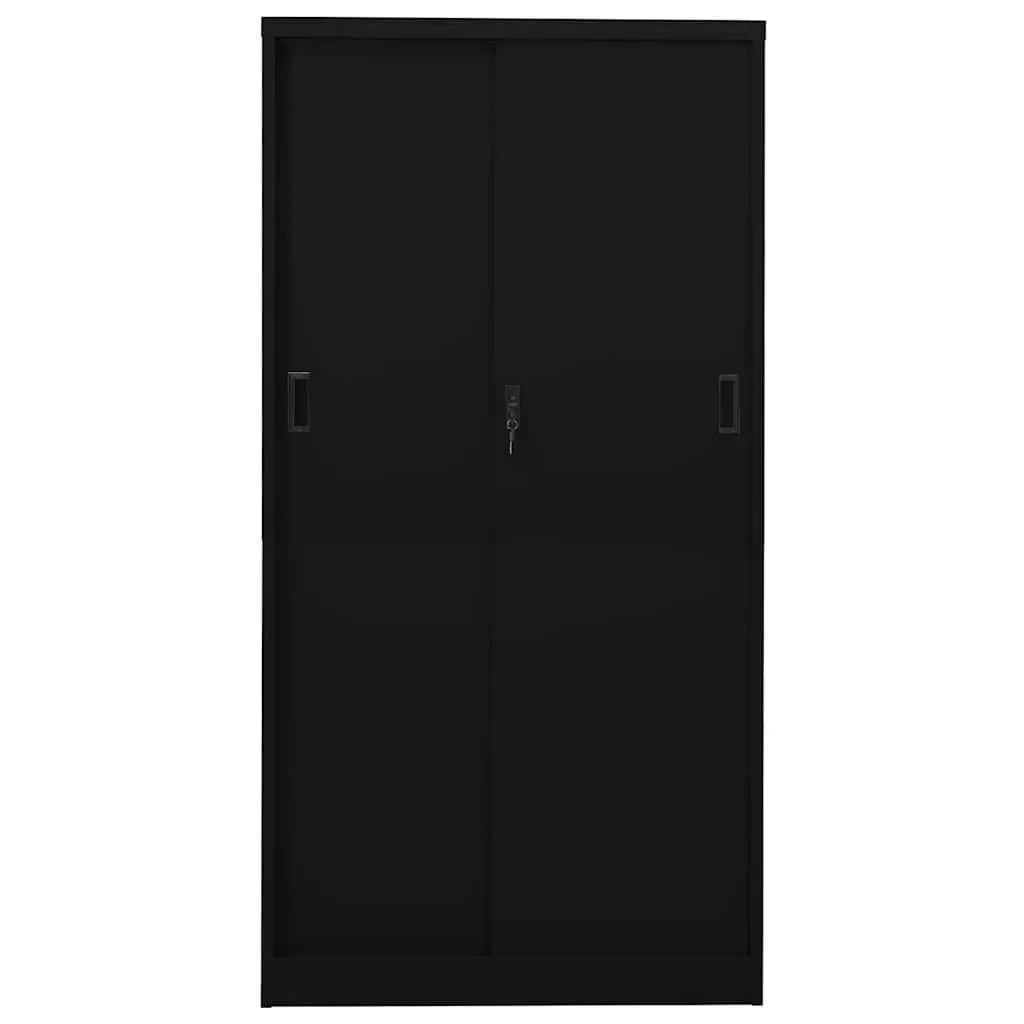 Black Steel Office Cabinet Sliding Door with Adjustable Shelves for File Storage 90x40x180cm