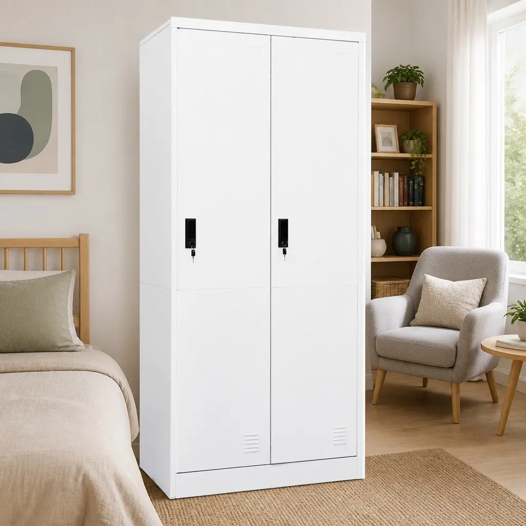 Wardrobe Cabinet White Steel Storage Cupboard 2 Shelves Locks