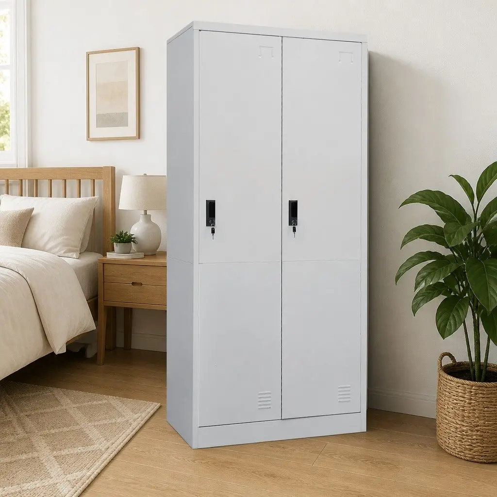 Steel Wardrobe Cabinet Grey Large Shelves Durable Construction Secure Closure