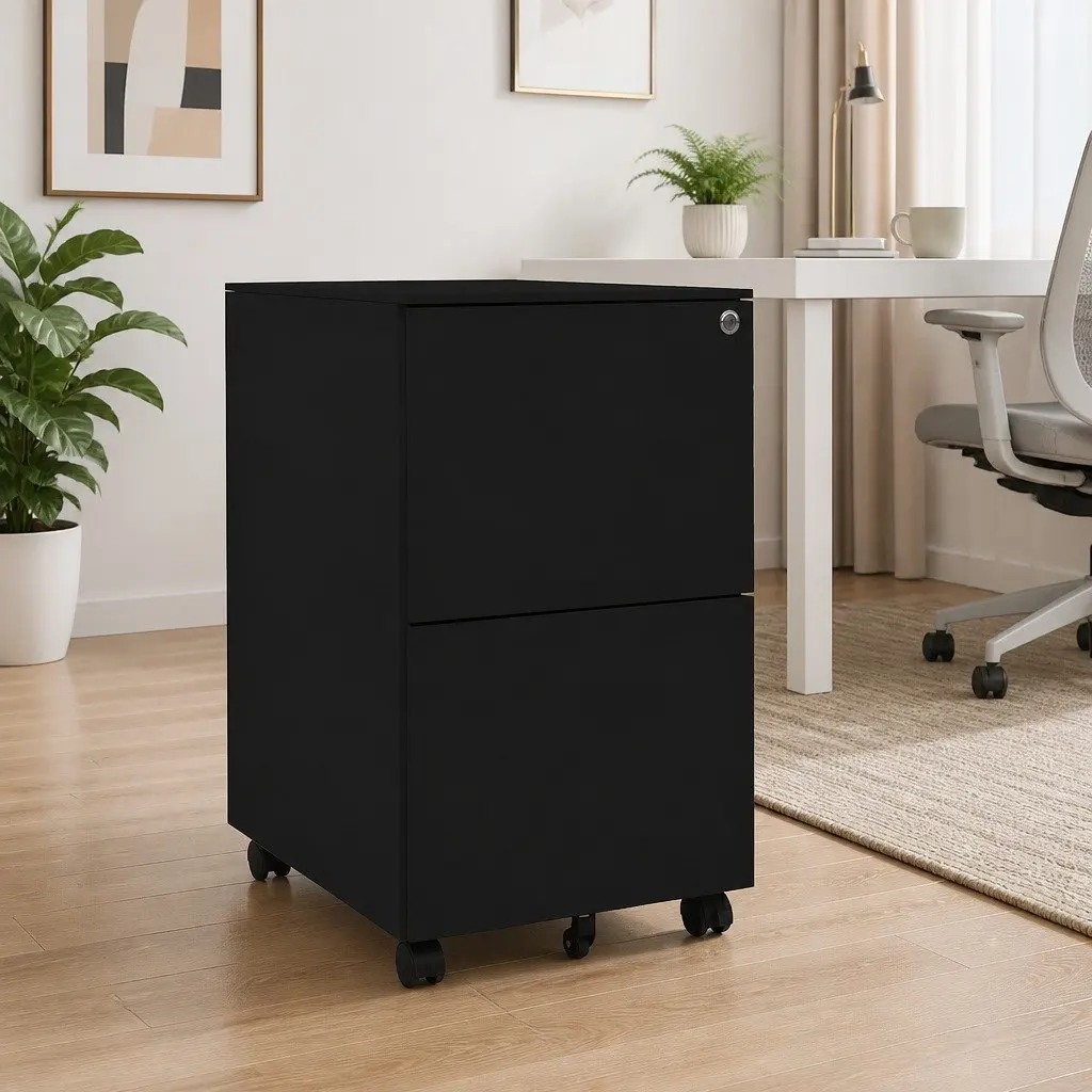 Mobile File Cabinet Black Steel 2 Drawer Secure Organiser