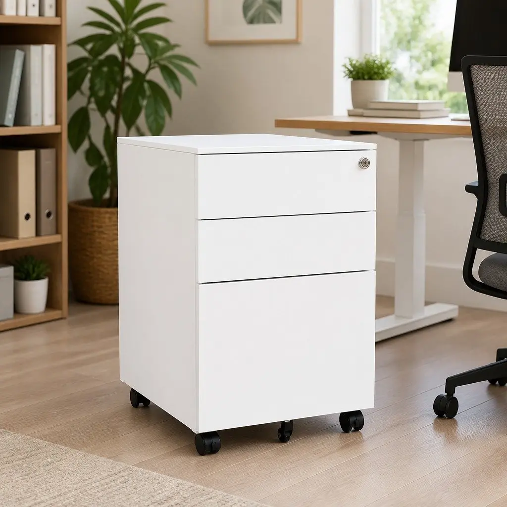 Mobile File Cabinet White 3 Drawer Steel Office Storage Organizer with Locks and Removable Hanging Bars