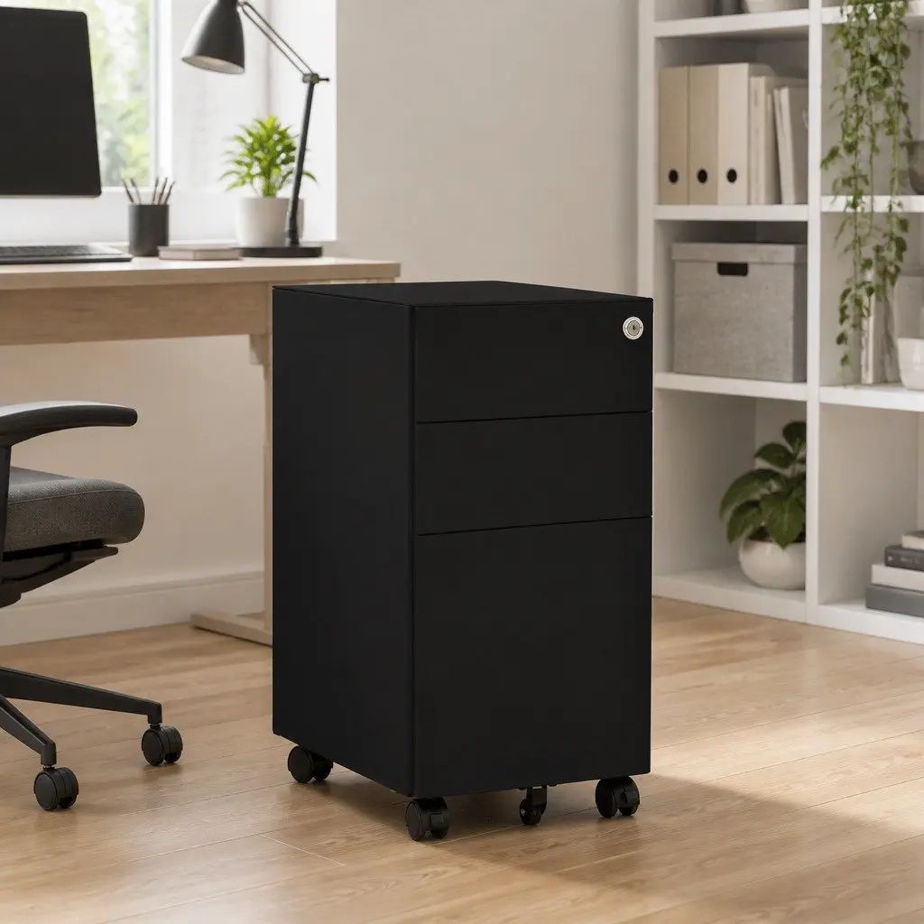 3 Drawer Mobile File Cabinet Black Steel Locking Office Storage with Wheels