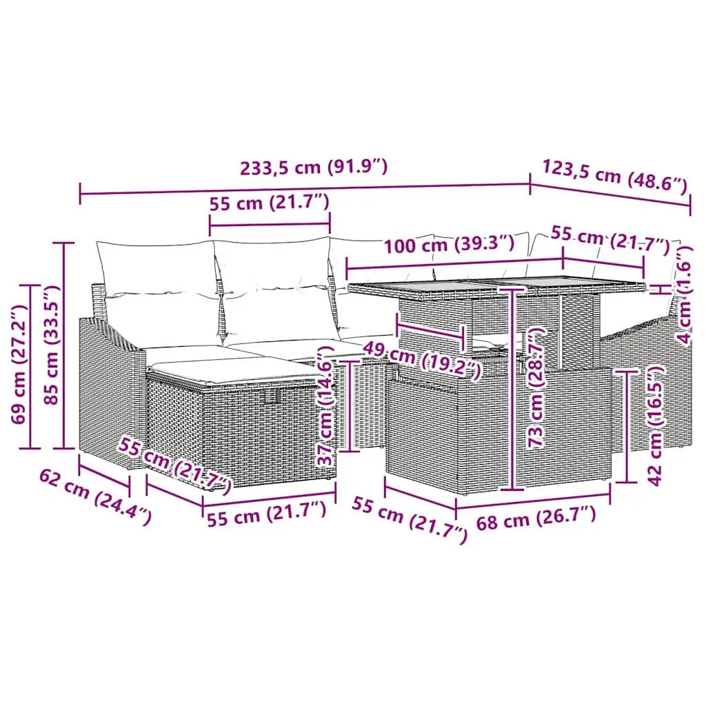 Garden Sofa Set Grey 7 Piece Modular Outdoor Furniture with Height Adjustable Table