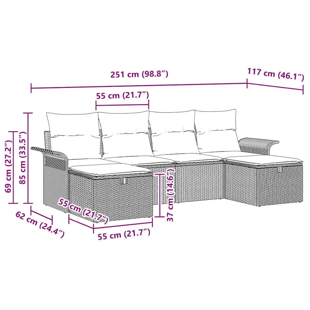 Garden Sofa Set Grey 6 Pieces Modular Poly Rattan Outdoor Furniture
