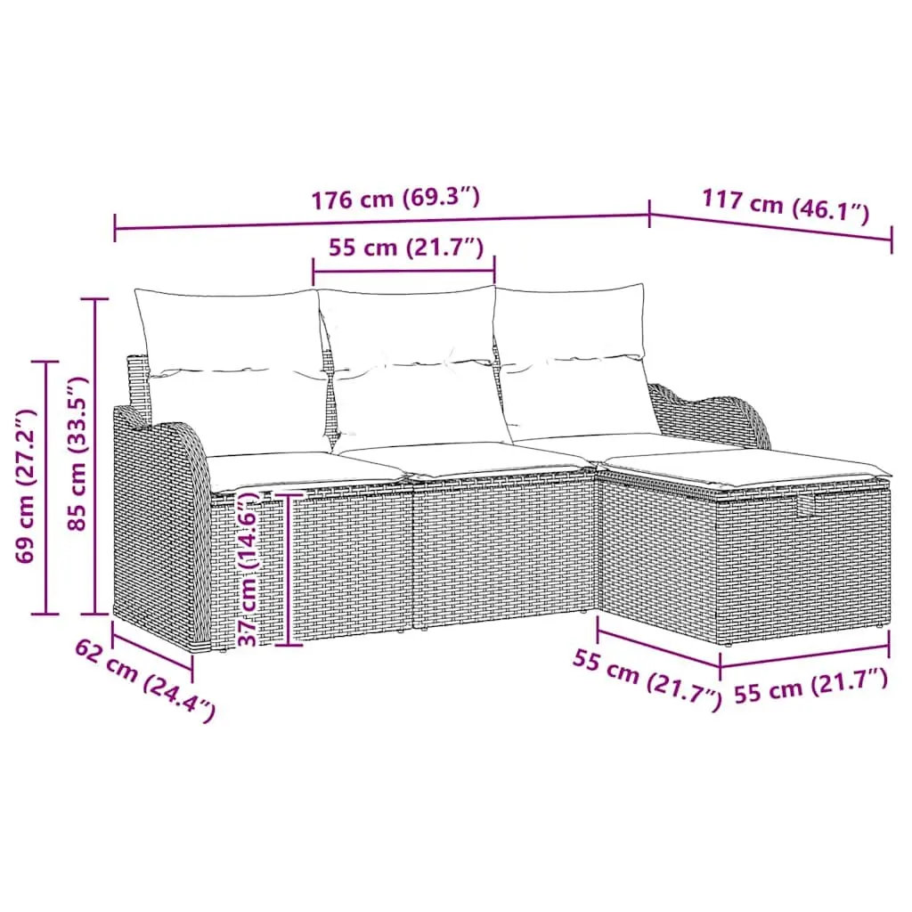 Modular Garden Sofa Set Grey 4 Piece Outdoor Seating Patio Furniture Poly Rattan