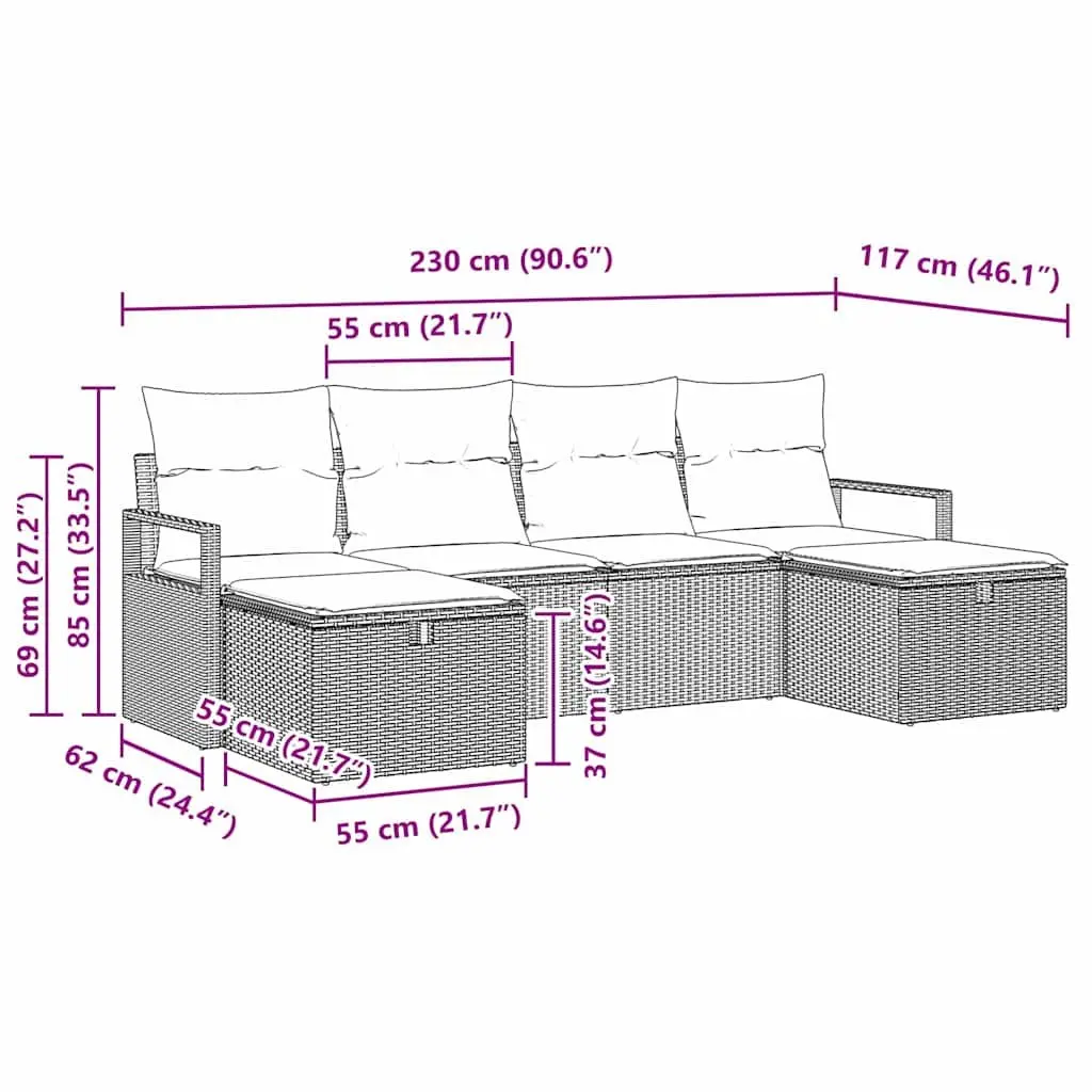 Outdoor Garden Sofa Set 5-Piece Grey Poly Rattan Patio Furniture Modular Lounge