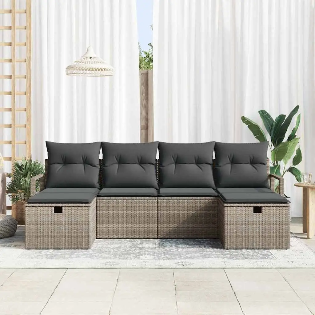 Outdoor Garden Sofa Set 5-Piece Grey Poly Rattan Patio Furniture Modular Lounge