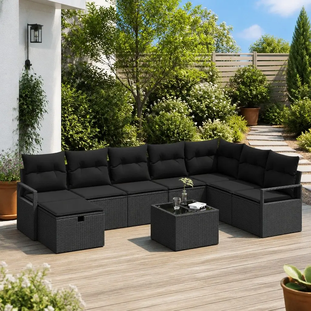 Modular Black Poly Rattan Outdoor Garden Sofa Set 6 Piece Weather-Resistant with Cushions