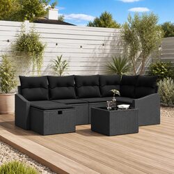 Outdoor Sofa Set 7 Piece Black Poly Rattan Garden Patio Furniture Cushioned