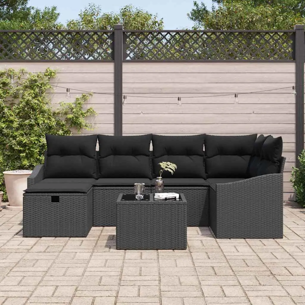 Outdoor Sofa Set 7 Piece Black Poly Rattan Garden Patio Furniture Cushioned