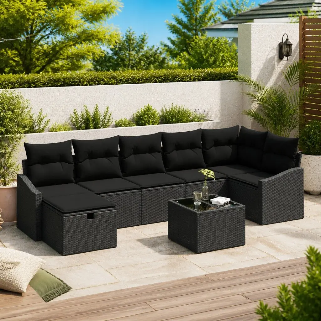 Outdoor Sofa Set Black 8 Piece Modular Poly Rattan Garden Patio Seating
