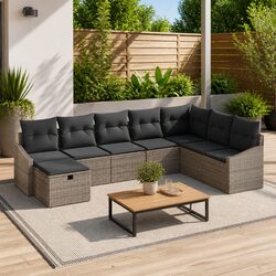 Outdoor Sofa Set 9 Piece Grey Poly Rattan Garden Patio Seating Modular Sectional