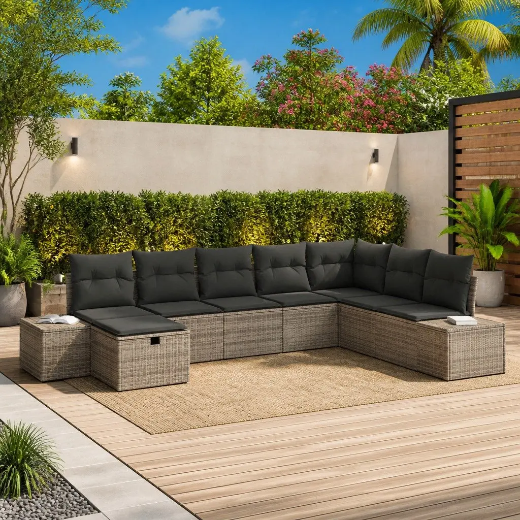 Outdoor Garden Sofa Set Grey 8 Pieces Modular Rattan Seating with Cushions