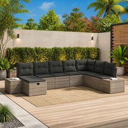 Outdoor Garden Sofa Set 8 Pieces Grey Modular Rattan Seating with Cushions