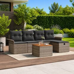 Outdoor Garden Sofa Set 6 Pieces Grey Poly Rattan Furniture with Cushions