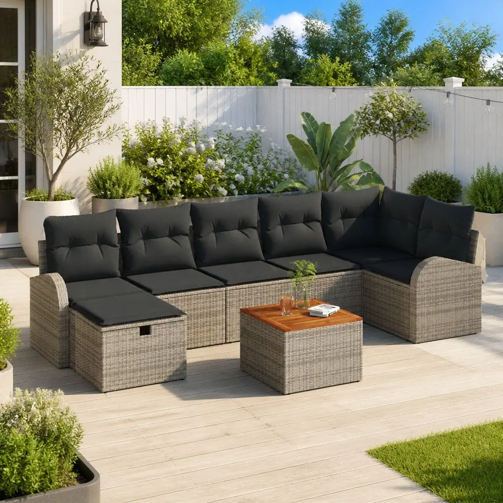 Outdoor Garden Sofa Set Grey 8 Pieces Modular Poly Rattan with Removable Cushions and Hidden Storage