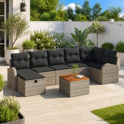 Outdoor Garden Sofa Set 8 Pieces Grey Poly Rattan Modular Patio Furniture with