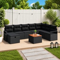 Outdoor Garden Sofa Set 9 Pcs Black Poly Rattan Furniture with Cushions Corner