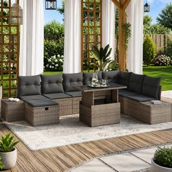 Efficient 9-Piece Outdoor Sofa Set with Height-Adjustable Table